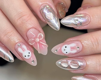 Miffy Bunny Press On Nails, Pink Chrome Cat Eye, 3D Bow, Handmade