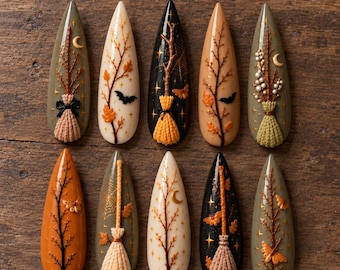 Handmade Witchy Press-On Nails, Vintage Halloween Art, Autumn Broomstick Design
