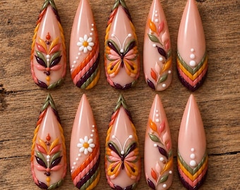 Handmade 3D Gel Press-On Nails, Autumn Boho Floral Butterfly Art (Reusable)