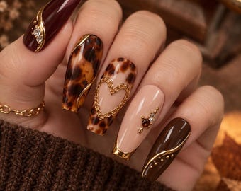 Autumn Tortoiseshell Press-On Nails | Gold Heart Coffin Nails (Handmade)