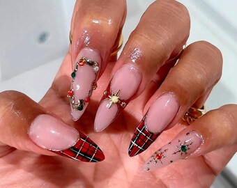 Presse-ongles de Noël rose, noeud 3D, flocon de neige strass, ongles en gel pour les fêtes