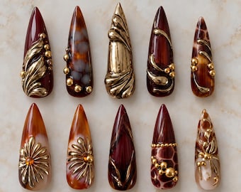 Burgundy Tortoiseshell Press On Nails, 3D Gold Baroque Nails, Luxury Handmade Gel Nail Set