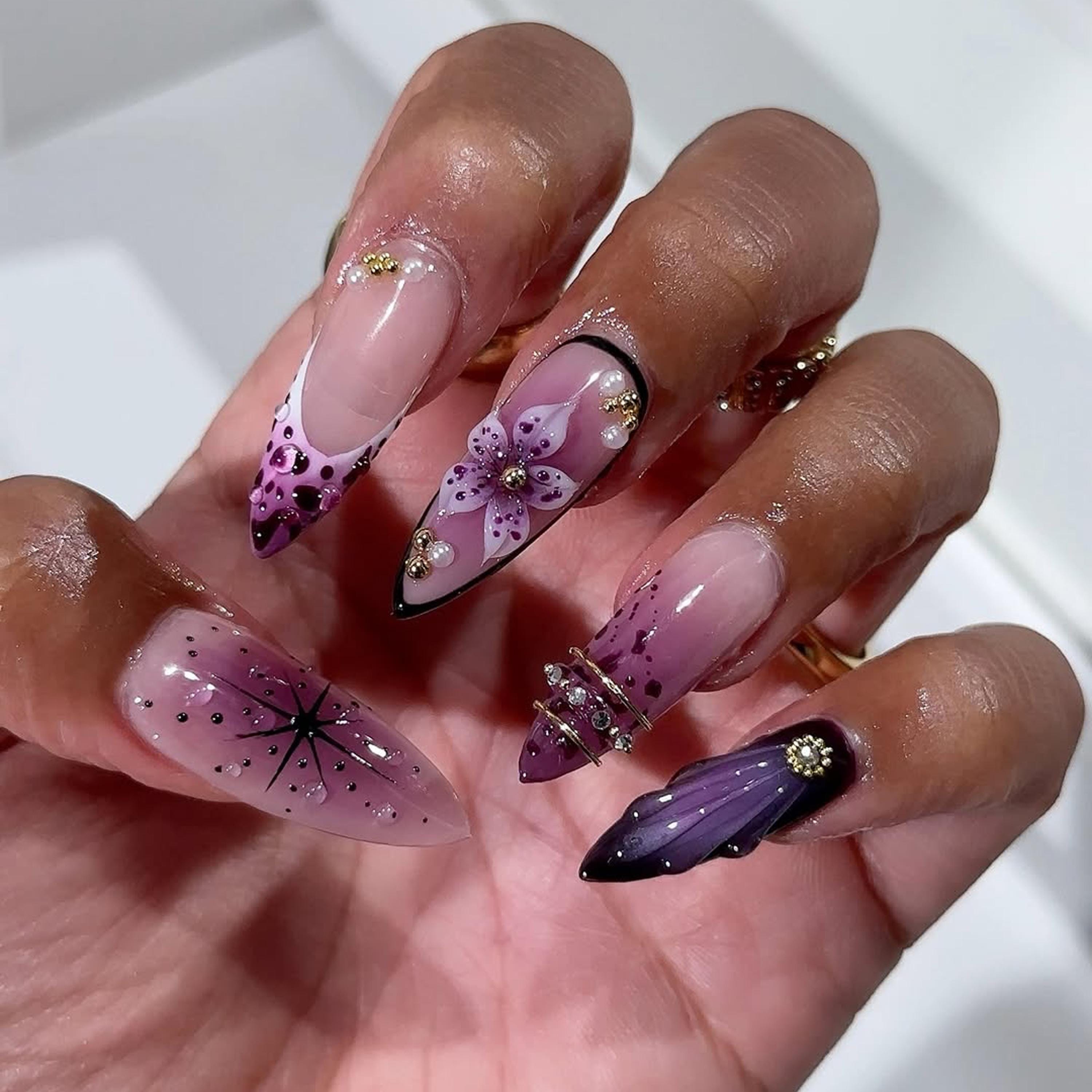 Dark Orchid Press on Nails: 3D Flower Almond Nail Set - Etsy