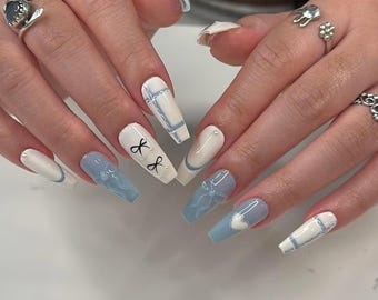 Coquette Blue Bow Press On Nails, Girly Gel Nail Set