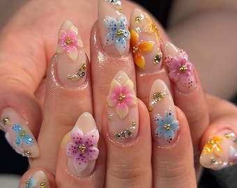 Uñas postizas con diseño de jardín de flores, uñas florales 3D, uñas de mariposa, uñas con flores en tonos pastel, uñas de jardín de hadas, set de uñas de gel hechas a mano