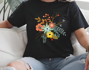 Boho Floral T-Shirt: Colourful Flower Print, 100% Cotton, Made in Britain
