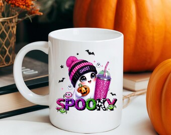 Spooky Ghost Ceramic Mug: Pink Beanie, Halloween Coffee Cup