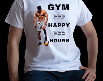 Herren Gym T-Shirt – “Gym Happy Hour” Slogan – Workout Fitness Tee