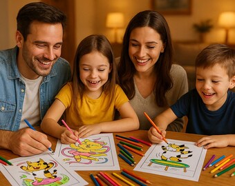 May include: A family of four is gathered around a wooden table, coloring pictures with crayons. The drawings feature cartoon characters. The family is smiling and enjoying the activity. A variety of colored pencils are scattered on the table.