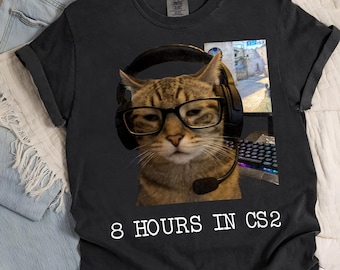 Comfort Colors® 8 hours in cs2 gamer cat shirt, funny gaming cat meme tee, counter strike 2 cat tshirt, headset kitty gamer gift