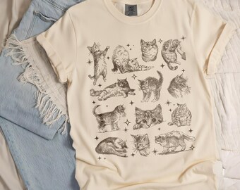 Camiseta Comfort Colors® Vintage con dibujo de gato, camiseta retro con estampado de gatito, camiseta adorable para amantes de los gatos, camiseta de estilo natural con diseño de gato.