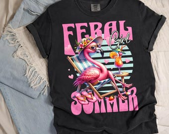 Camiseta de verano Comfort Colors® Feral Girl, camiseta divertida de flamencos para el verano, camiseta para vacaciones en la playa tropical, camiseta rosa con estampado veraniego.