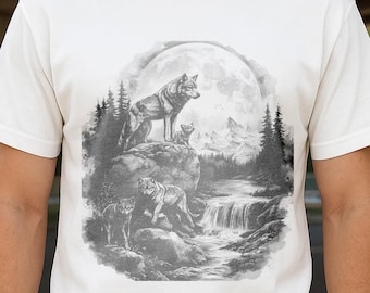 Comfort Colors® Vintage Wolf Family Moon T-Shirt, Nature Mountain Forest Graphic Tee, Wilderness Aesthetic Shirt, Retro Animal Lover Gift