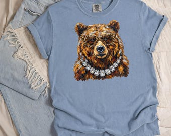 Comfort Colors® Glam Bear Shirt, Boujee Grizzly Bear Graphic Tee, Leopard Glasses Bling Bear, Luxury Animal