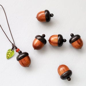 May include: Wooden acorn charms with dark brown caps and natural wood bodies. One charm is attached to a brown cord with a green leaf and red bead. The acorns are scattered on a white surface.