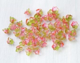 20pcs Bell Flower Beads. pink and green lily of the valley glass flower beads. glass trumpet flower beads