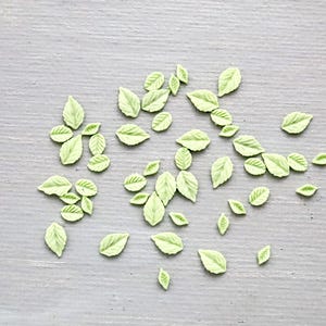 May include: A scattering of small, pale green leaf-shaped decorations with detailed veining. The leaves are of varying sizes and are arranged on a grey surface, creating a natural, botanical theme. Suitable for craft projects or decorative use.