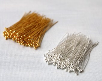 100pcs 40mm Gold and Silver Ball Headpins. thin ball end brass headpins