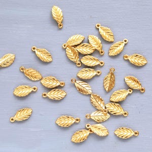 Könnte beinhalten: Eine Ansammlung kleiner, goldfarbener Blattanhänger auf einer hellgrauen Oberfläche. Jeder Anhänger hat ein detailliertes Blattdesign mit einer Schlaufe zum Befestigen an Schmuck oder anderen Bastelarbeiten. Ideal für DIY-Projekte.