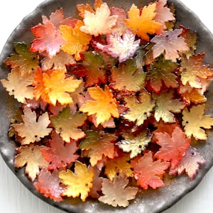 May include: A collection of colorful, translucent maple leaf-shaped beads in shades of red, orange, yellow, and green. The beads are arranged on a dark gray, textured plate, suggesting a fall theme.