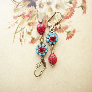 LadyBug Earrings / Crystal Flower Spring Jewelry / Fairycore Earrings / Nature Jewelry