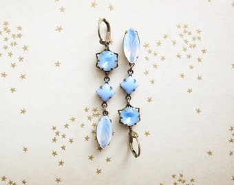 Opalescent Rhinestone Assemblage Earrings / Pastel Blue Jewelry / Statement Earrings / Long Vintage Jewel Earrings