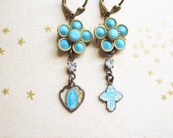 Floral Religious Medal Assemblage Earrings / Vintage Enamel  Medals / Vintage Repurposed Jewelry / OOAK / Mismatched Earrings