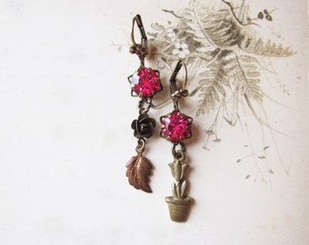 Floral Assemblage Earrings / Mismatched Earrings / Vintage Magenta Rhinestone Jewelry / Spring Garden Earrings