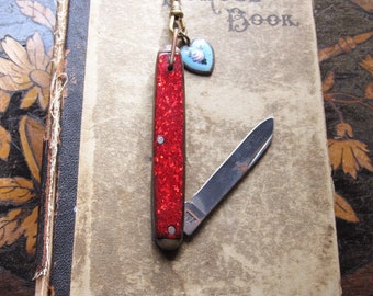 Knife Assemblage Necklace / Valentine's Day Gift / Vintage Red Glitter Pocket Knife / Charm Holder Necklace / OOAK