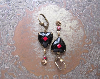 Black Heart Rose Earrings / Vintage Repurposed Jewelry / Enchanted Evening Assemblage Earrings / Gothic Romance / Dark Valentine