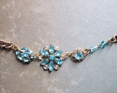 Vintage Assemblage Statement Necklace / Repurposed Blue Rhinestone Jewelry / Granny Chic / OOAK