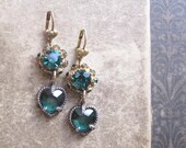 Emerald Green Rhinestone Earrings / Valentine Jewelry / Vintage Assemblage Jewelry / Forest Green Hearts / May Birthstone / OOAK