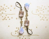 Rhinestone and Star Earrings / Romantic Blush Pink Opalescent Jewelry / Vintage Rhinestone Assemblage Earrings / Boho Chic