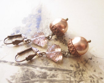 Woodland Acorn Earrings / Boho Chic Earrings / Fairy Core / Rose Gold Blush Pink / Mori Girl