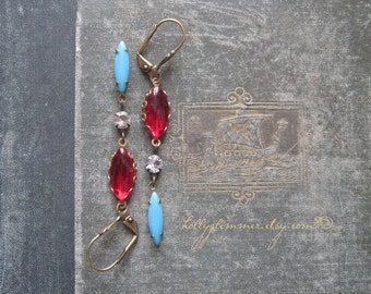 Red Jewel Earrings / Vintage Rhinestone Assemblage Jewelry / Boho Chic / Festive Jewelry