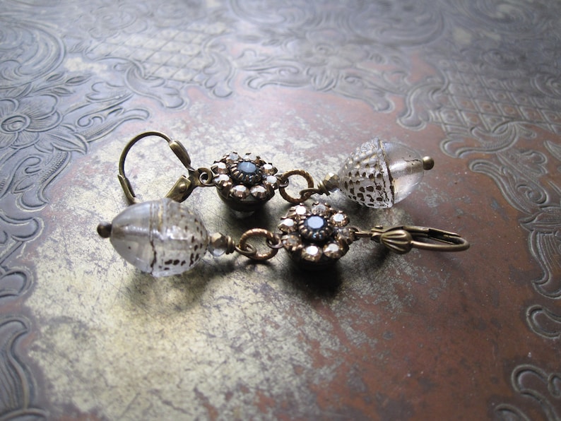 Woodland Acorn Assemblage Earrings / Sparkly Crystal Floral Earrings / Fairycore Jewelry / Winter Jewelry image 2