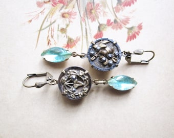 Button Assemblage Earrings / Antique Floral Jewelry / OOAK / Pastel Green Jewelry / Mismatched Earrings