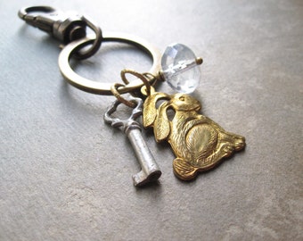 Rabbit Charm Key Ring / Bunny Bag Charm / Vintage Assemblage Keychain / Vintage Key