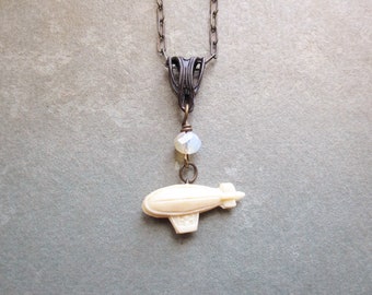 Steampunk Airship Necklace/ Vintage Assemblage Necklace / Blimp Cracker Jack Charm / OOAK Jewelry