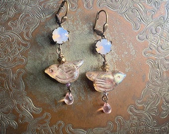 Iridescent Assemblage Earrings / Vintage Rhinestone Jewelry / Autumn Twilight Earrings / Fairycore Bird Earrings