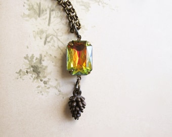 Chunky Vintage Rhinestone Pine Cone Necklace: Woodland Assemblage Jewelry