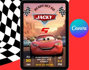 Lightning McQueen Birthday Invitation, Cars Party, Editable Canva Template (Digital Download)