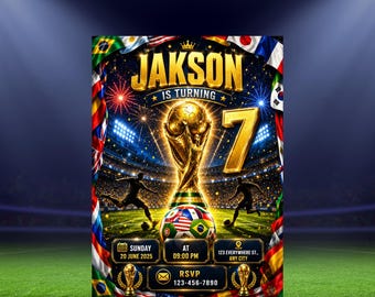 World Cup 2026 Soccer Party Invitation, 7th Birthday Watch Party (Editable Canva Template)