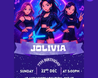 Invitación de cumpleaños de Cazadores de Demonios KPOP, invitación editable para fiesta de Guerreros K-Pop, plantilla imprimible digitalmente