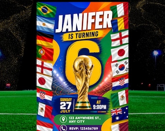 World Cup Soccer Birthday Invitation, Editable Canva Template (Digital Download)
