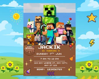 Plantilla de invitación de cumpleaños con diseño de bloques pixelados inspirada en Minecraft, invitación para chicos gamers, editable en Canva, descarga instantánea.