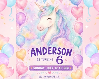 Unicorn Birthday Invitation, Editable Rainbow 5x7 Printable Invite, Canva Template, Instant Digital Download