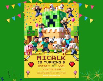 Invitación de cumpleaños para gamers con temática de bloques pixelados, invitación editable para fiesta de videojuegos en Canva (descarga digital)