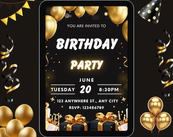 Birthday Party Invitation Template – Black & Gold Balloons, Editable Printable Invite, Instant Digital Download
