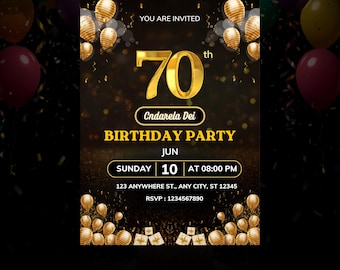 Editable 70th Birthday Invitation Template Gold & Black, Gold 70 Balloon, Printable Digital, Glitter